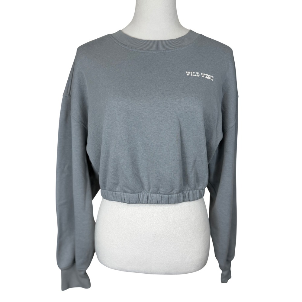 H&M Women Cotton Blend Sweatshirt Medium Blue Wild West Horse Graphic Cropped